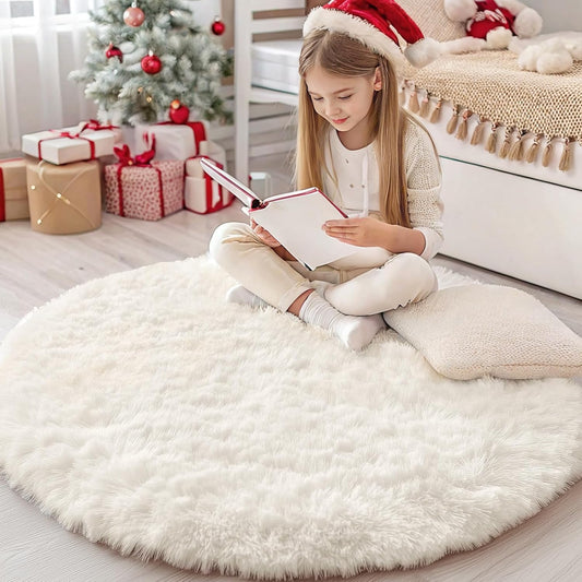 Cream White Round Rugs for Bedroom, 4 Ft Machine Washable Circle Area Rugs for Living Room, Non-Slip Fluffy V1258-DP02-C-1253