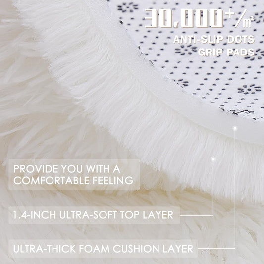 Cream White Round Rugs for Bedroom, 4 Ft Machine Washable Circle Area Rugs for Living Room, Non-Slip Fluffy V1258-DP02-C-1253