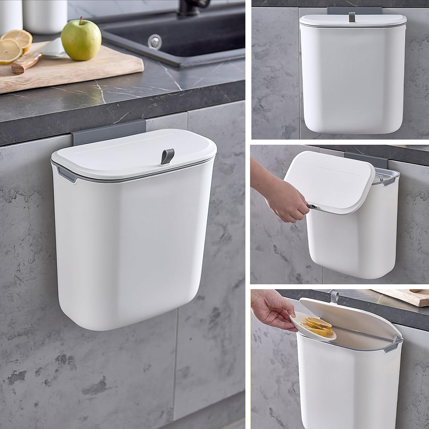 Compost Bin, 2.5 Gallon Hanging Trash Can with Lid, Kitchen Cabinet Door Under Sink Plastic Garbage Can Wall V1258-DP02-C-1264