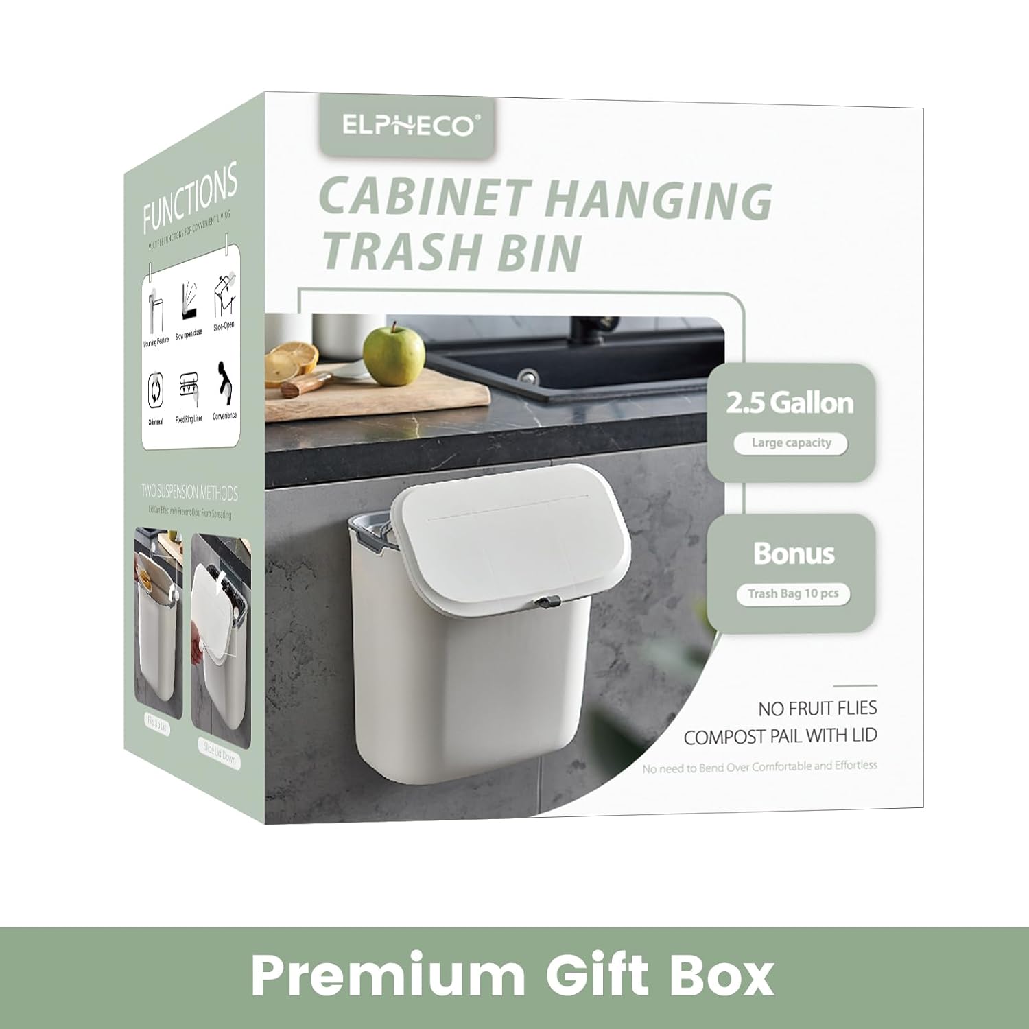 Compost Bin, 2.5 Gallon Hanging Trash Can with Lid, Kitchen Cabinet Door Under Sink Plastic Garbage Can Wall V1258-DP02-C-1264