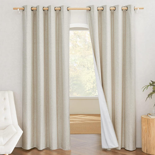Linen Curtains 84 Inch Long 100% Blackout 2 Panels Natural Thick Farmhouse Living Room Soundproof Curtain V1258-DP02-C-1267