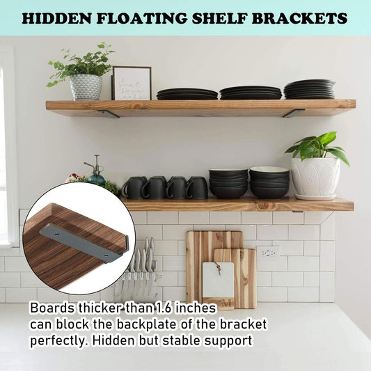 Heavy Duty Floating Shelf Brackets - 1/5 Inch Thick Industrial Black Metal L Brackets, Premium Solid Steel V1258-DP02-C-1270