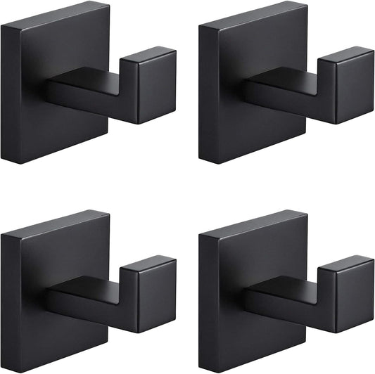 4 Pack Bathroom Towel Hooks, Screw-in Square Matte Black Wall Hooks Robe Hook, Anti-Rust SUS304 Stainless V1258-DP02-C-1281