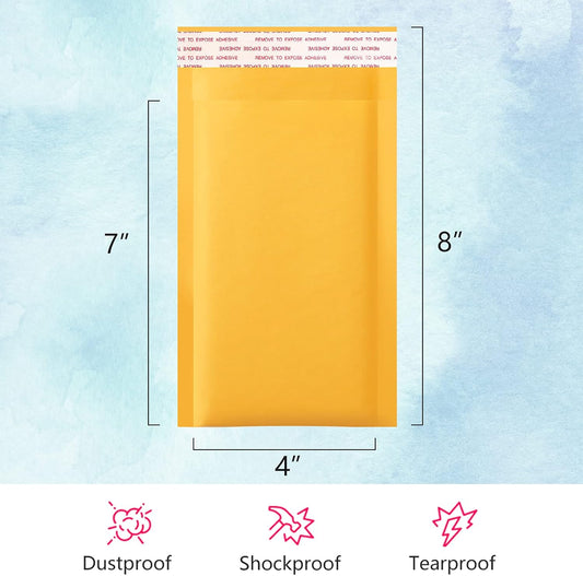 Kraft Bubble Mailers 4x8 Inch 50 Pack Yellow Padded Envelopes #000 Small Business Mailing Packages Self V1258-DP02-C-1287