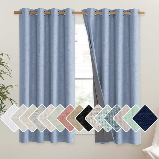 Stone Blue Vintage Linen 100% Blackout Curtains for Living Room,Thermal Insulated Curtains 63" Long,Noise V1258-DP02-C-1288
