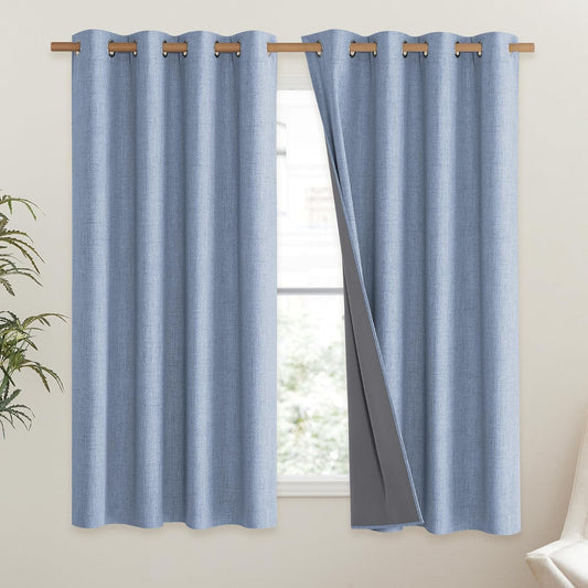 Stone Blue Vintage Linen 100% Blackout Curtains for Living Room,Thermal Insulated Curtains 63" Long,Noise V1258-DP02-C-1288