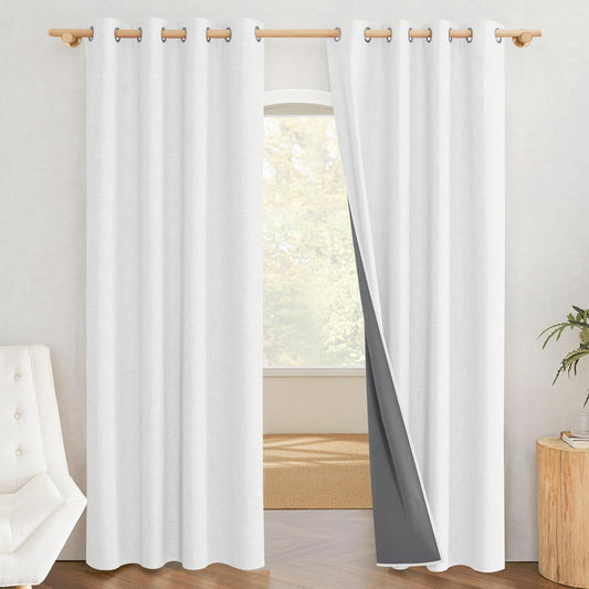 100% Absolutely Blackout Linen Curtains with Thermal Insulated White Liner,Greyish White,52" Wide,84" Length V1258-DP02-C-1290