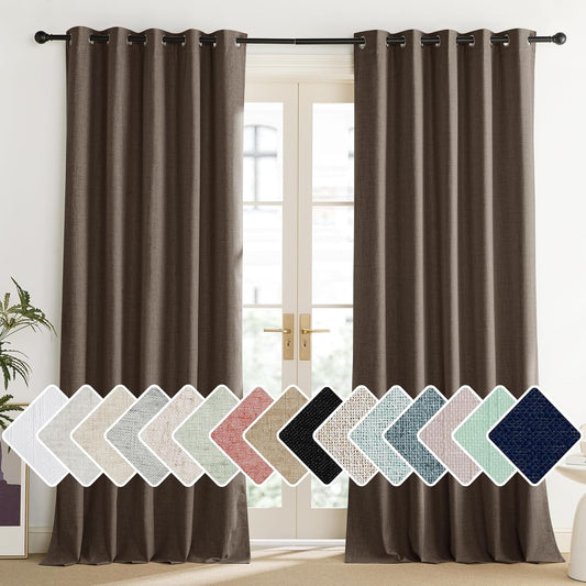 Coffee Vintage Linen 100% Blackout Curtains for Living Room, Thermal Insulated Curtains 95" Long, Noise V1258-DP02-C-1291