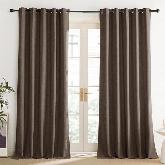 Coffee Vintage Linen 100% Blackout Curtains for Living Room, Thermal Insulated Curtains 95" Long, Noise V1258-DP02-C-1291