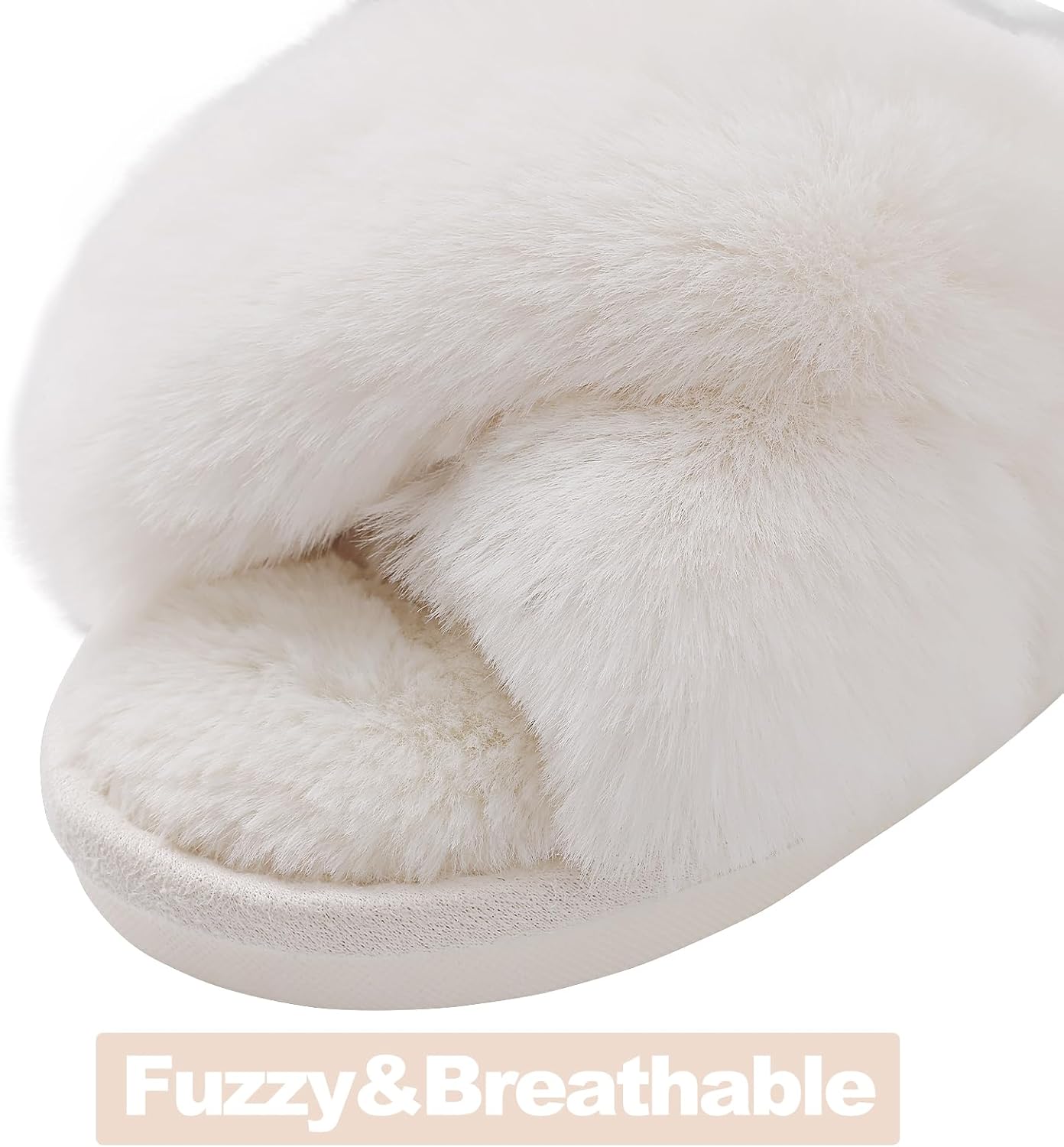 Women's Fuzzy Slippers Cross Band Memory Foam House Slippers Open Toe V1258-DP02-C-1293