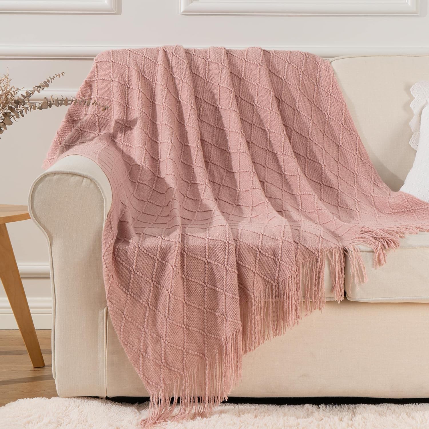 Pink Throw Blanket Diamond Pattern Indoor Outdoor Knitted Throws for Couch Sofa Chair Bed Home Decor 50"x60" V1258-DP02-C-1303