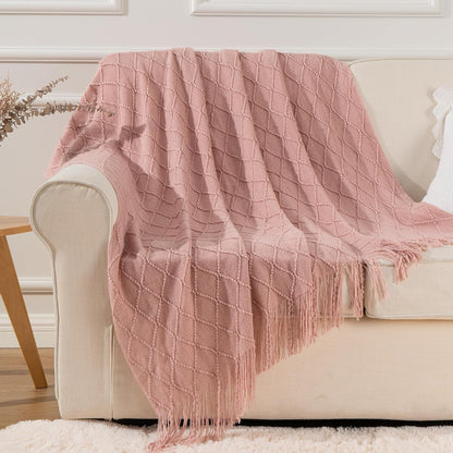 Pink Throw Blanket Diamond Pattern Indoor Outdoor Knitted Throws for Couch Sofa Chair Bed Home Decor 50"x60" V1258-DP02-C-1303