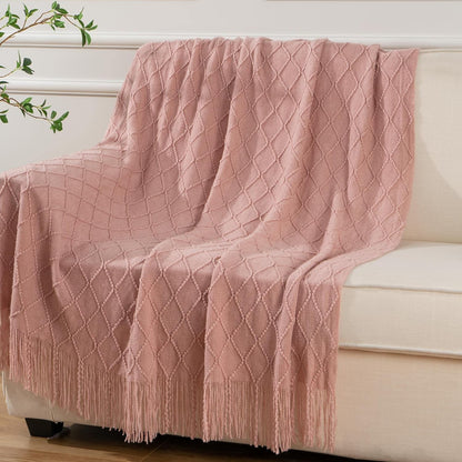 Pink Throw Blanket Diamond Pattern Indoor Outdoor Knitted Throws for Couch Sofa Chair Bed Home Decor 50"x60" V1258-DP02-C-1303