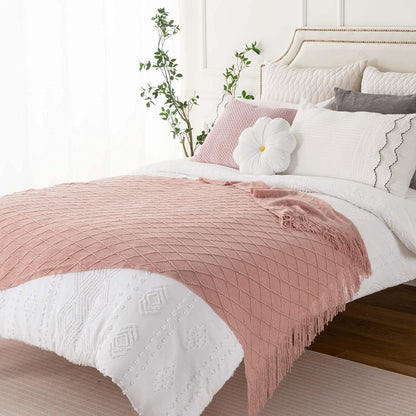 Pink Throw Blanket Diamond Pattern Indoor Outdoor Knitted Throws for Couch Sofa Chair Bed Home Decor 50"x60" V1258-DP02-C-1303