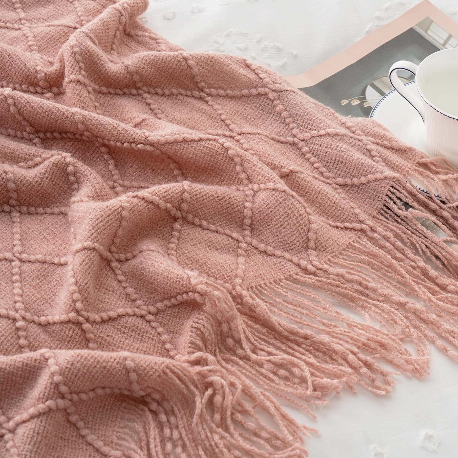 Pink Throw Blanket Diamond Pattern Indoor Outdoor Knitted Throws for Couch Sofa Chair Bed Home Decor 50"x60" V1258-DP02-C-1303