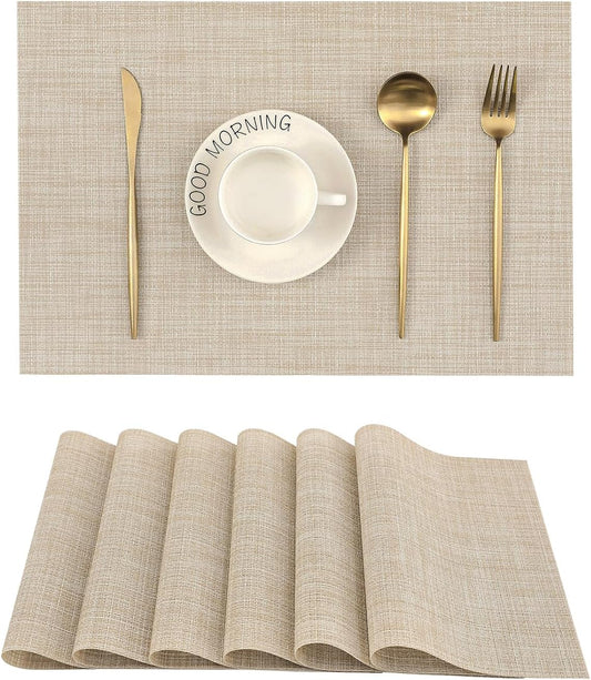Beige Placemats Set of 6 - Heat Resistant Non-Slip Place mats for Dining Table, Washable Durable PVC Vinyl V1258-DP02-C-1304