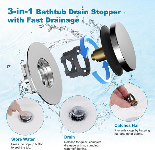 3 in 1 Metal Bathtub Drain Stopper, Universal Pop Up Tub Stopper, Bathtub Drain Hair Catcher, Removable V1258-DP02-C-1305