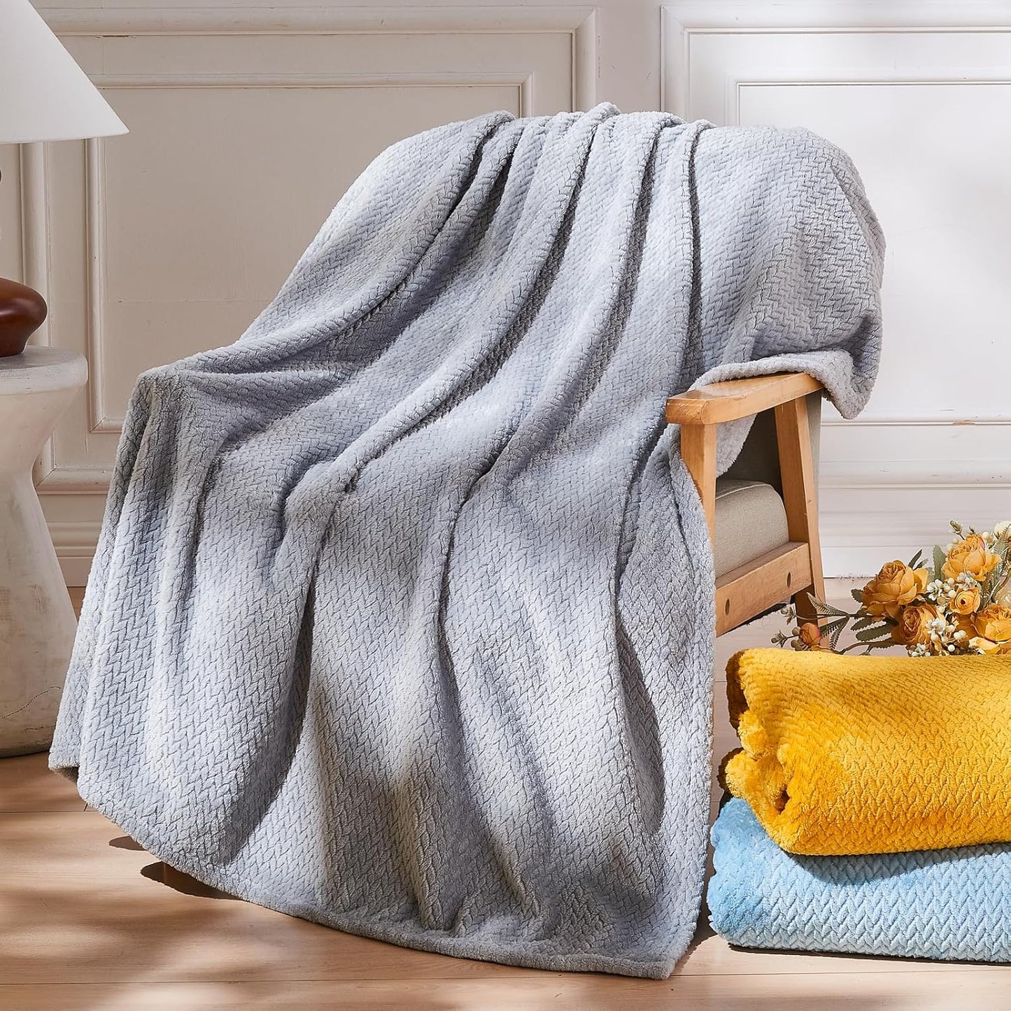 Super Soft Throw Size Blanket Grey Premium Silky Flannel Fleece Leaves Pattern Lightweight Bed Blanket All V1258-DP02-C-1307