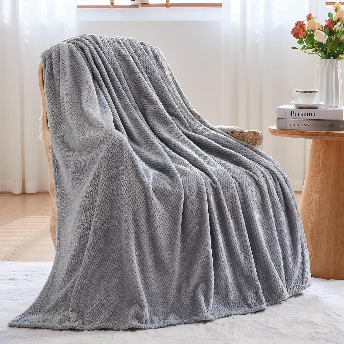 Super Soft Throw Size Blanket Grey Premium Silky Flannel Fleece Leaves Pattern Lightweight Bed Blanket All V1258-DP02-C-1307