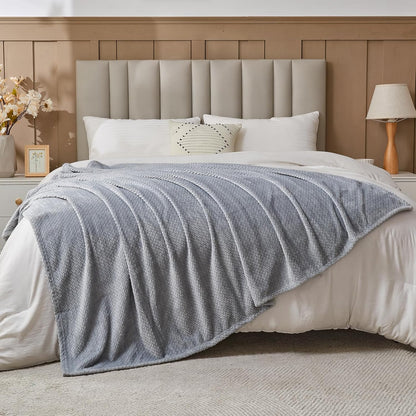 Super Soft Throw Size Blanket Grey Premium Silky Flannel Fleece Leaves Pattern Lightweight Bed Blanket All V1258-DP02-C-1307