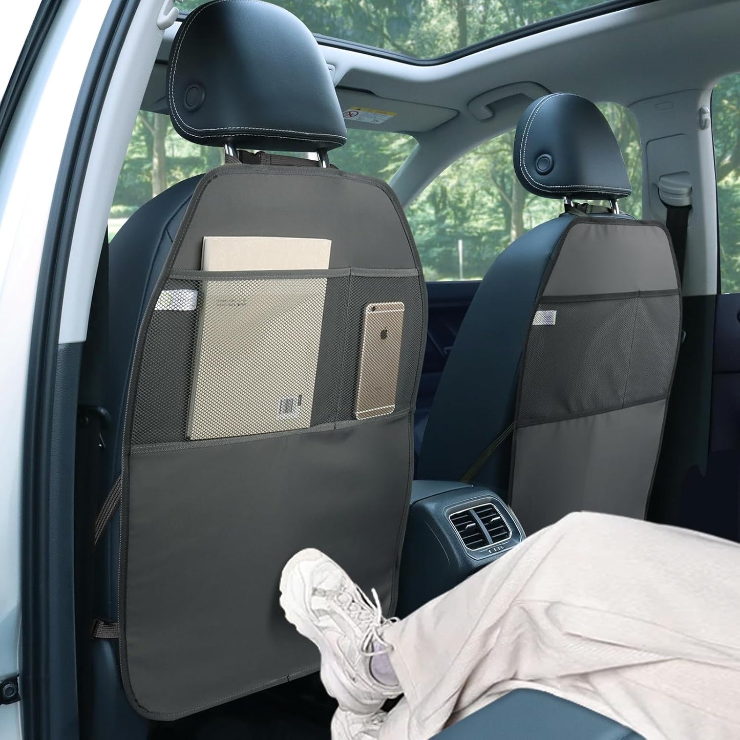 Car Seat Protector Large Kick Mat 2 Pack Durable Water Resistant Auto Seat Back Covers with 2 Mesh Pockets V1258-DP02-C-1312