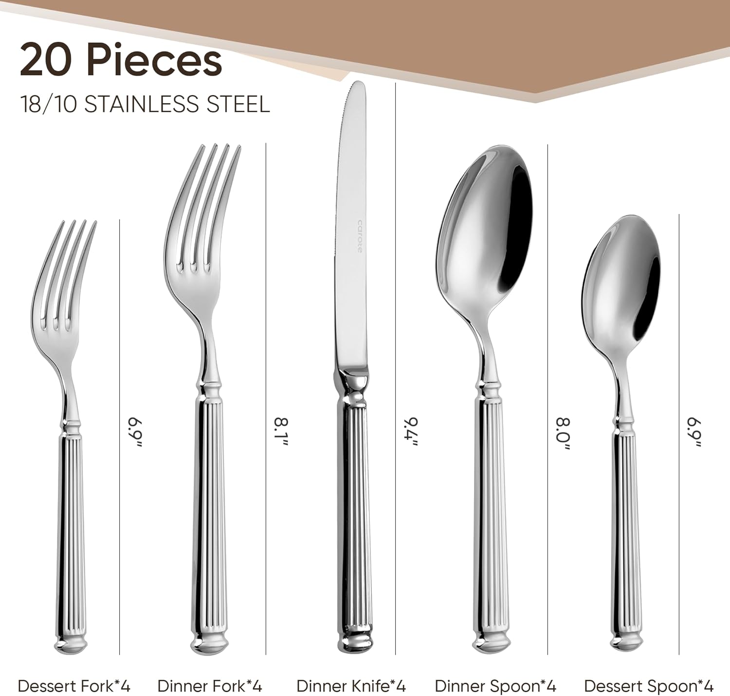 20 Pieces Silverware Set, Premium 18/10 Stainless Steel Flatware Set, Luxury Cutlery Set for 4, Dishwasher V1258-DP02-C-132