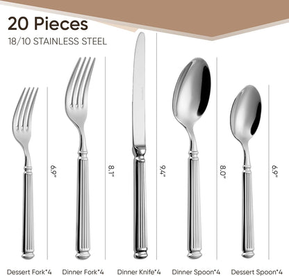 20 Pieces Silverware Set, Premium 18/10 Stainless Steel Flatware Set, Luxury Cutlery Set for 4, Dishwasher V1258-DP02-C-132