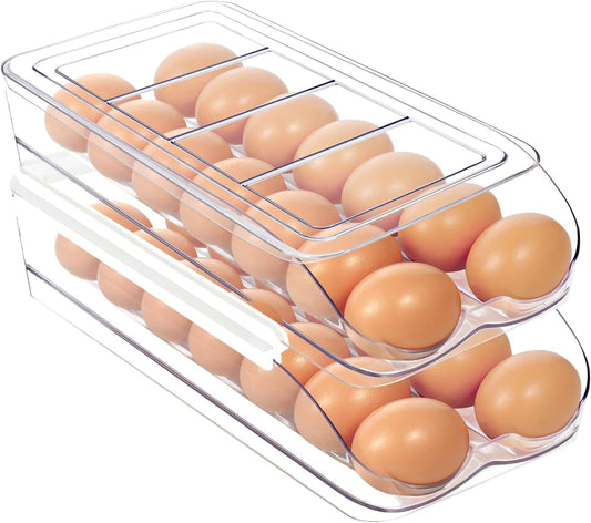 Egg Holder for Fridge, Automatic Rolling Egg Organizer for Refrigerator, Clear Plastic Egg Container & Tray, V1258-DP02-C-1345