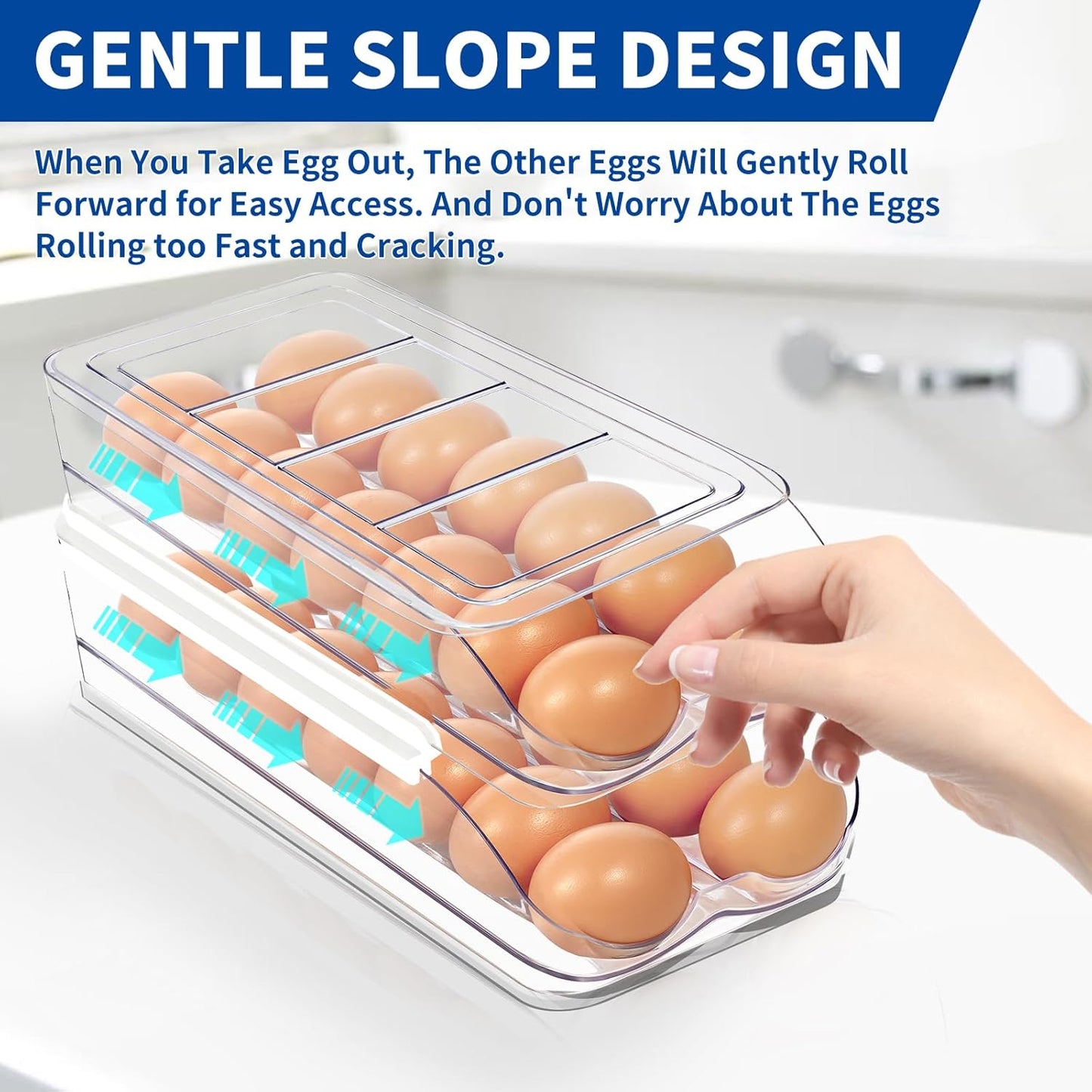 Egg Holder for Fridge, Automatic Rolling Egg Organizer for Refrigerator, Clear Plastic Egg Container & Tray, V1258-DP02-C-1345