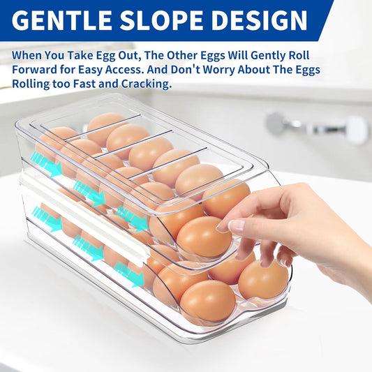 Egg Holder for Fridge, Automatic Rolling Egg Organizer for Refrigerator, Clear Plastic Egg Container & Tray, V1258-DP02-C-1345