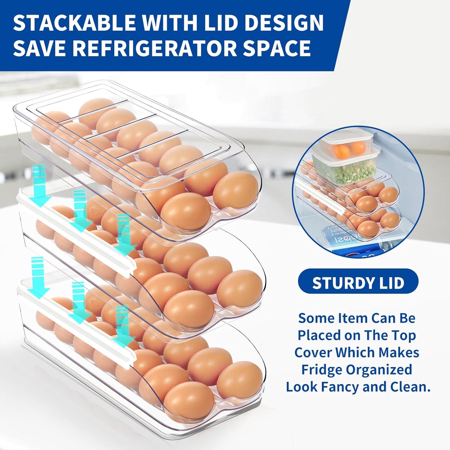 Egg Holder for Fridge, Automatic Rolling Egg Organizer for Refrigerator, Clear Plastic Egg Container & Tray, V1258-DP02-C-1345
