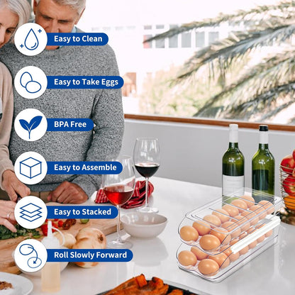 Egg Holder for Fridge, Automatic Rolling Egg Organizer for Refrigerator, Clear Plastic Egg Container & Tray, V1258-DP02-C-1345