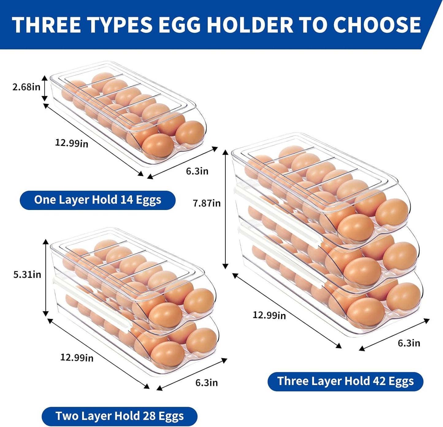 Egg Holder for Fridge, Automatic Rolling Egg Organizer for Refrigerator, Clear Plastic Egg Container & Tray, V1258-DP02-C-1345