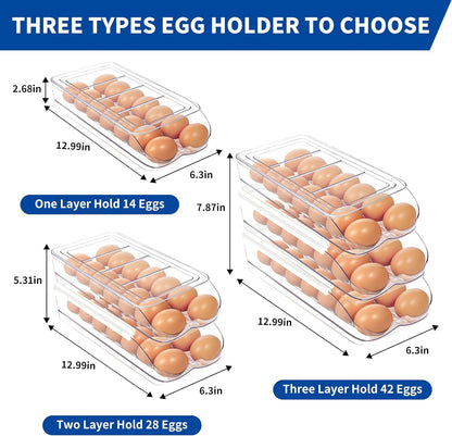 Egg Holder for Fridge, Automatic Rolling Egg Organizer for Refrigerator, Clear Plastic Egg Container & Tray, V1258-DP02-C-1345
