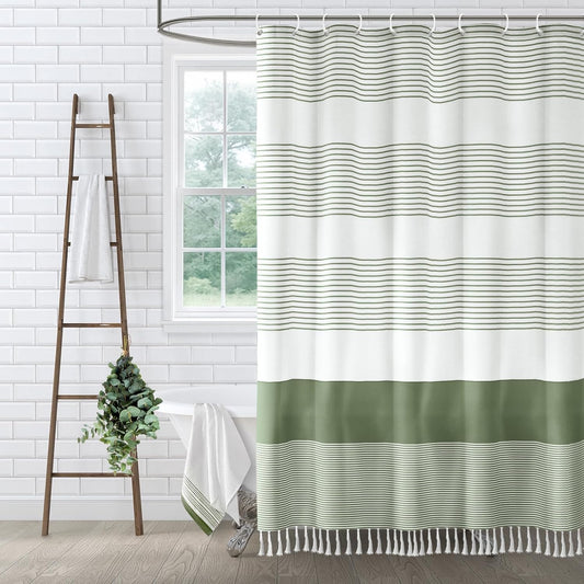 Sage Green Shower Curtain Cotton Boho Striped Shower Curtains for Bathroom with Tassel 72 X 72 V1258-DP02-C-1351