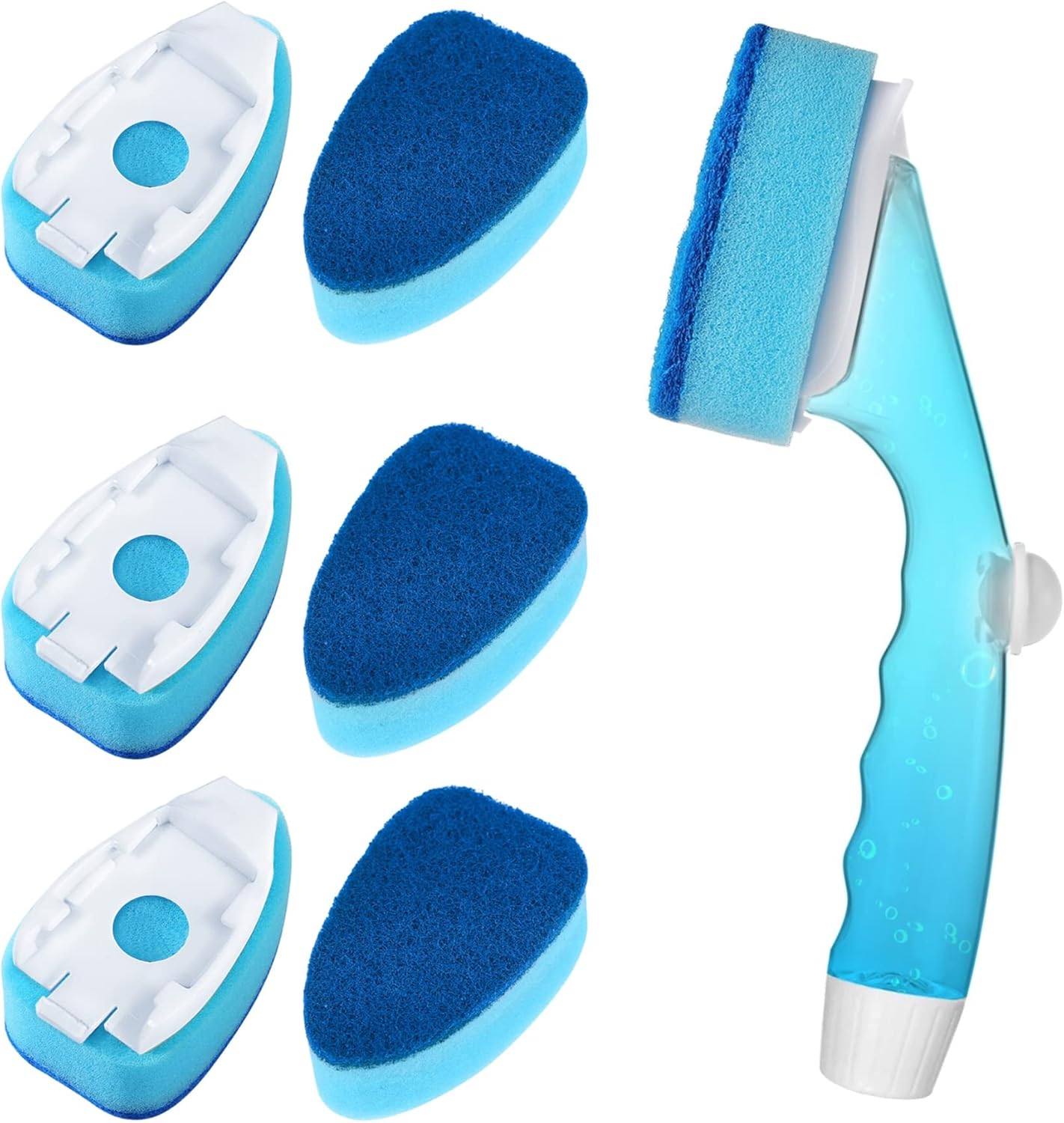Non Scratch Dishwand Refill with Handle, 6 Heavy Duty Dish Wand Refills, Replacement Sponge Heads Set, Soap V1258-DP02-C-1353