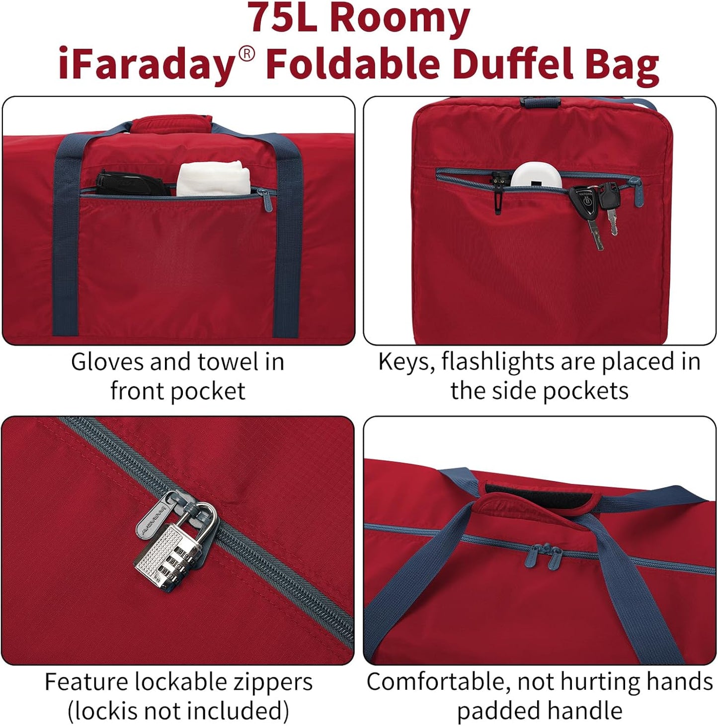 Foldable Duffle Bag 30 inch 75L Large Lightweight Luggage Bag for Travel Camping Storage-Red V1258-DP02-C-1366