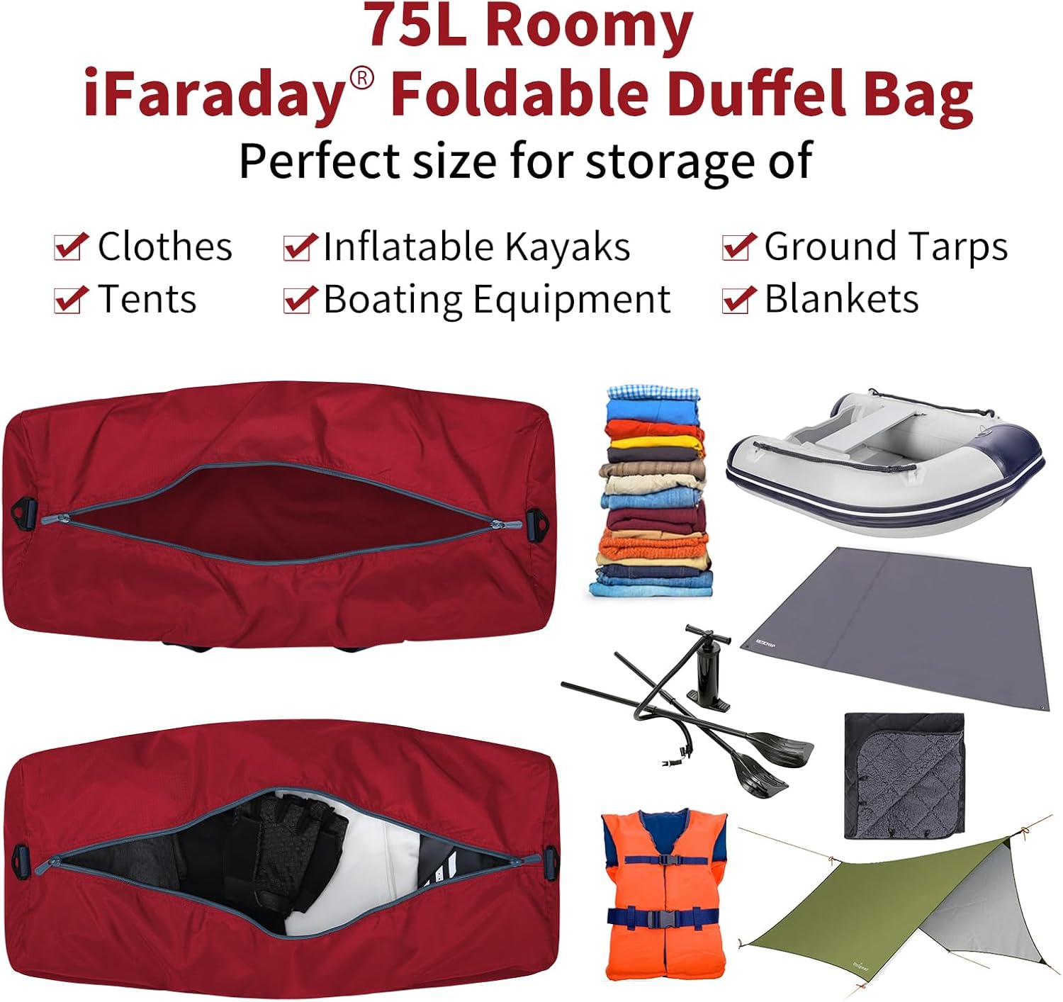 Foldable Duffle Bag 30 inch 75L Large Lightweight Luggage Bag for Travel Camping Storage-Red V1258-DP02-C-1366
