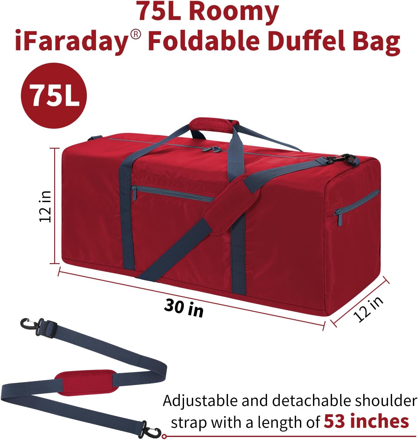 Foldable Duffle Bag 30 inch 75L Large Lightweight Luggage Bag for Travel Camping Storage-Red V1258-DP02-C-1366