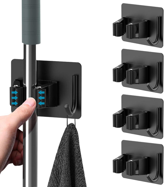 Mop Broom Holder No Drill, Mop Broom Organizer Wall Mounted Heavy Duty with Hooks Hanger, Self Adhesive V1258-DP02-C-1403