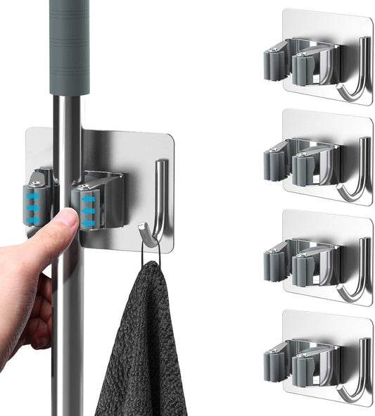 Mop Broom Holder No Drill, Mop Broom Organizer Wall Mounted Heavy Duty with Hooks Hanger, Self Adhesive V1258-DP02-C-1404