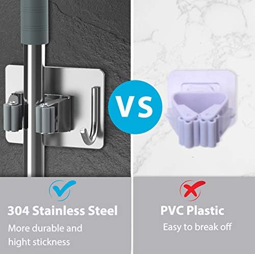 Mop Broom Holder No Drill, Mop Broom Organizer Wall Mounted Heavy Duty with Hooks Hanger, Self Adhesive V1258-DP02-C-1404