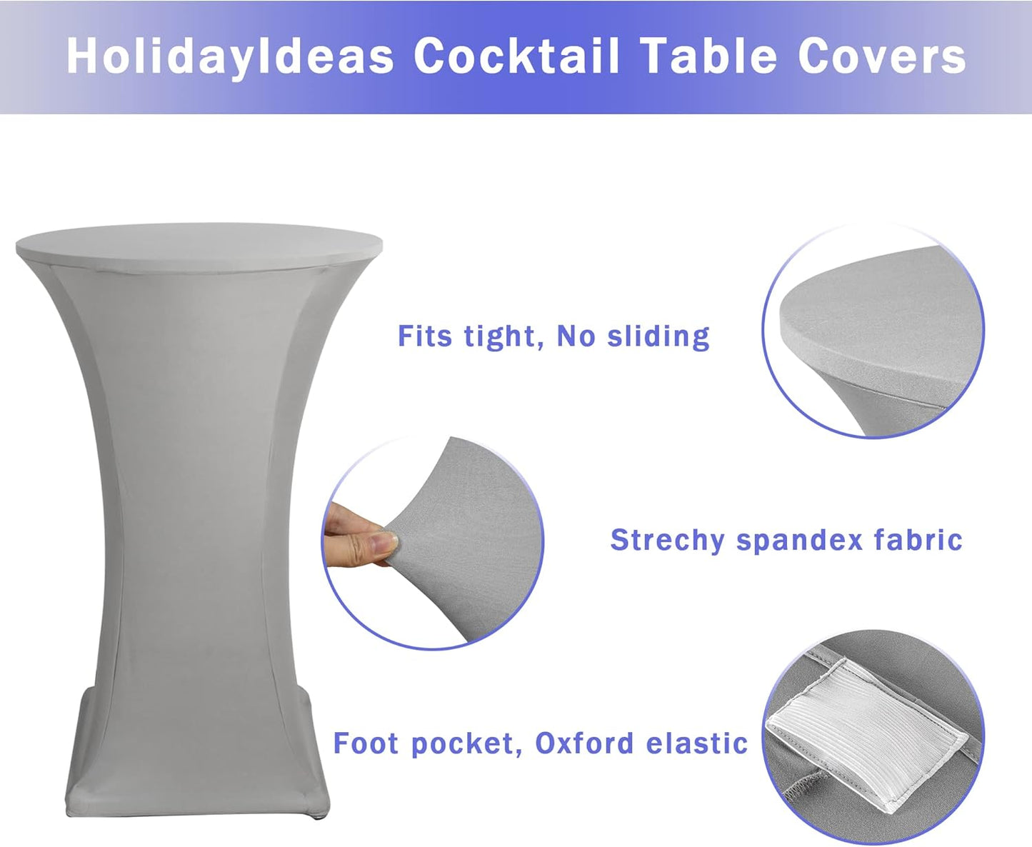 Cocktail Table Covers, 2 Pack - Fitted Stretch Spandex Square Corners Cocktail Tablecloths (Light Grey, Fit V1258-DP02-C-1430