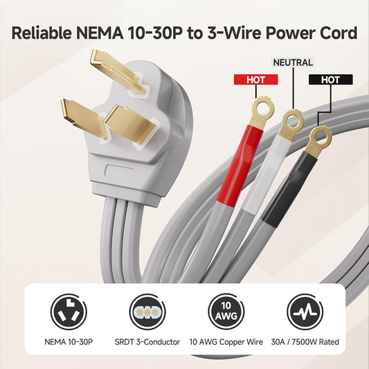 10 AWG 3 Prong Dryer Cord - 10ft, 30A / 7500W Rated, NEMA 10-30P to 3-Wire Appliance Cord, Dryer Plug 3 V1258-DP02-C-1459