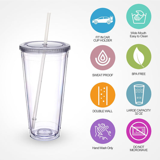 Clear Acrylic Tumbler with Straw and Lid 32 oz, Double Walled Insulated Reusable Plastic Iced Coffee Cup, To V1258-DP02-C-1461