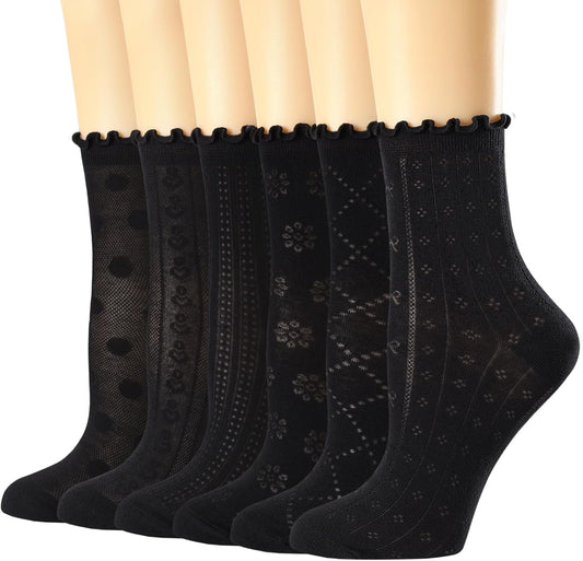 Women's Ruffle Socks Casual Lace Cotton Crew Summer Ultra Thin Cute Frilly Ankle Socks for Women 6 Pairs V1258-DP02-C-1465