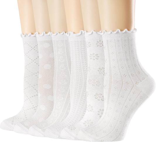 Women's Ruffle Socks Casual Lace Cotton Crew Summer Ultra Thin Cute Frilly Ankle Socks for Women 6 Pairs V1258-DP02-C-1466