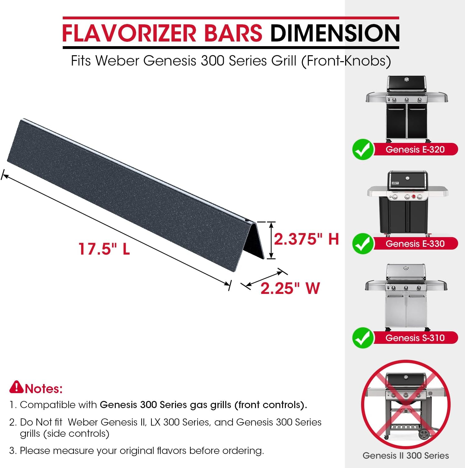 7620 Flavorizer Bars for Weber Genesis 300 Series, E-310 E-330 Grills with Front Control(2011-2016), 17.5 V1258-DP02-C-148