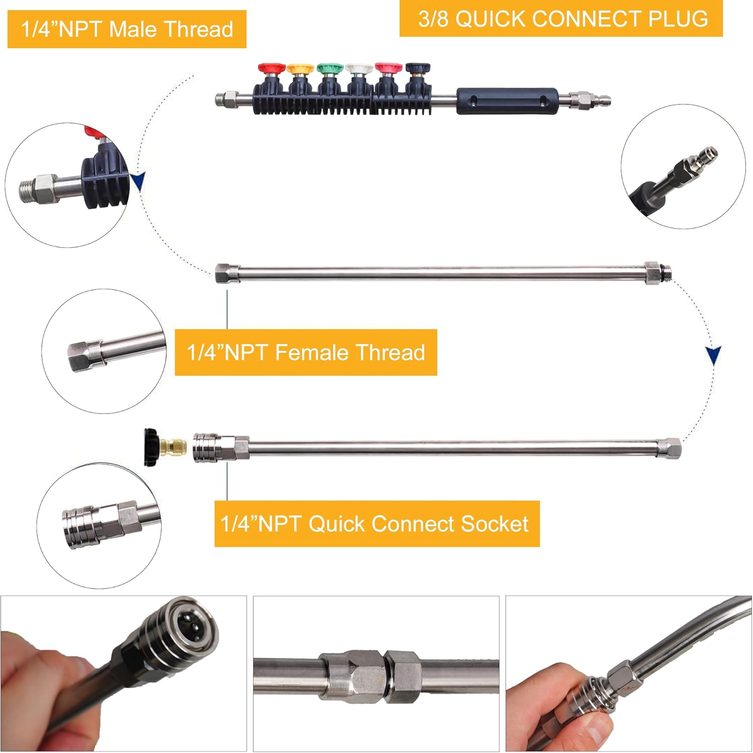 Pressure Washer Extension Wand, 10 Pack Power Washer Lance with 6 Atomization Nozzle Tips,1 Gutter Cleaner V1258-DP02-C-151