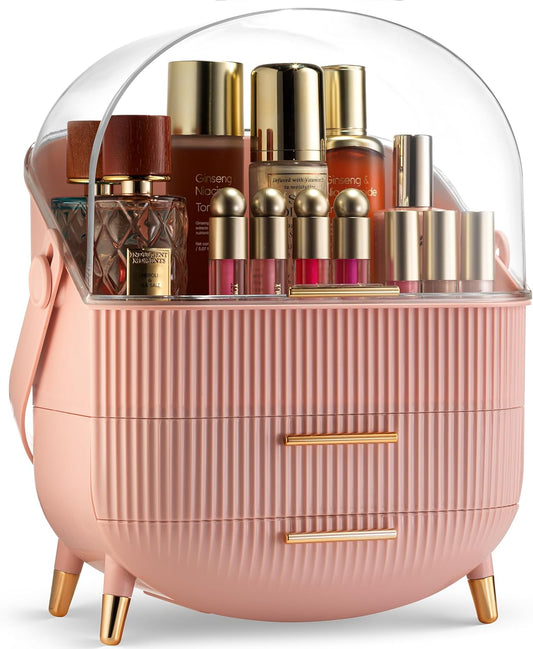 Covered Makeup Cosmetic Countertop - Large Cosmetic Organizer - Trendy Oval Shape Storage for Skin Care V1258-DP02-C-1510